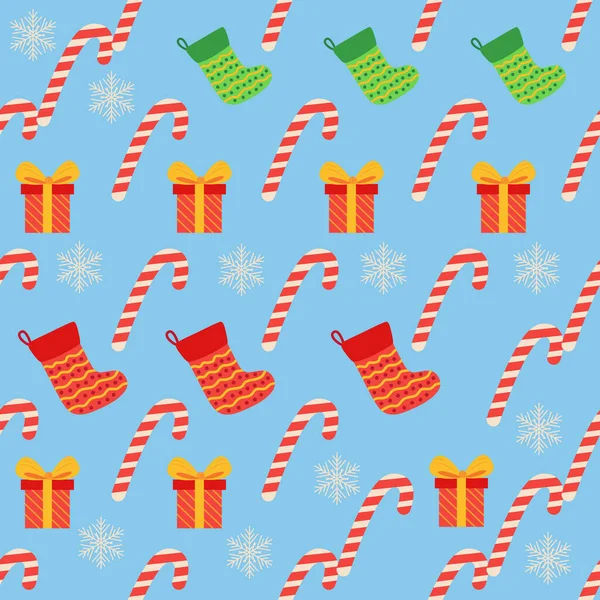 Weihnachten Nahtlose Muster Mit Zuckerrohr Geschenk Strumpf Geschenkpapier Für Weihnachten — Stockvektor