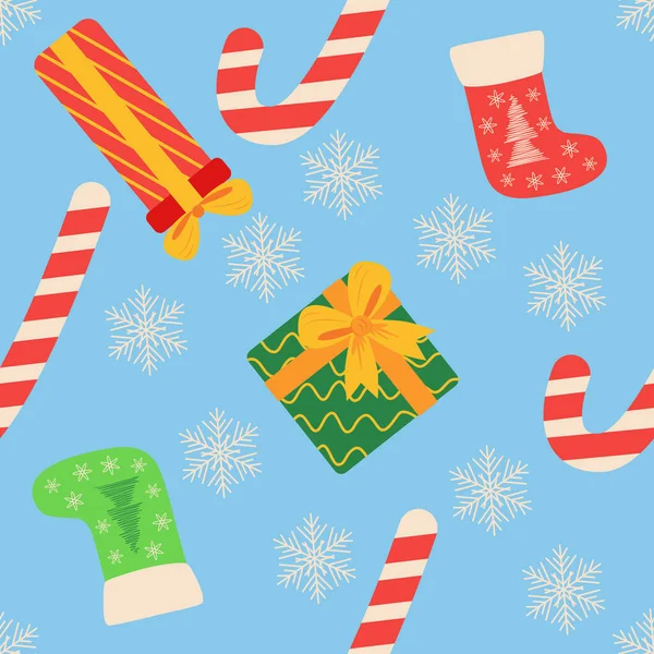 Weihnachten Nahtlose Muster Mit Zuckerrohr Geschenk Strumpf Geschenkpapier Für Weihnachten — Stockvektor