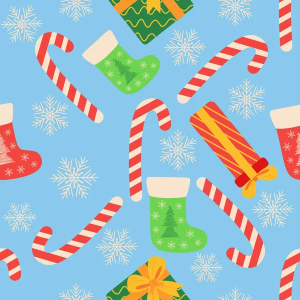 Boże Narodzenie Bezproblemowy Wzór Trzciny Cukrowej Prezent Pończochy Papier Pakowania — Wektor stockowy