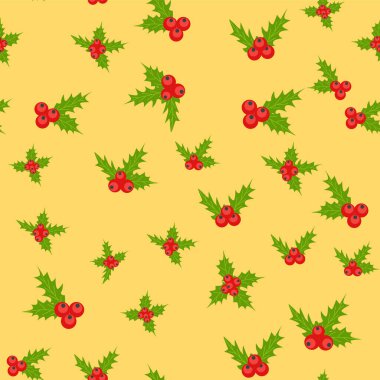 Ökse otlu, ladin dallı, yeşil yapraklı ve meyveli kusursuz Noel deseni.