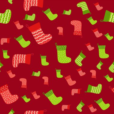 Yeşil, kırmızı çoraplı, ambalaj kağıtlı ve arkaplanlı bir Noel arkaplanı. Noel çorapları pürüzsüz desen.