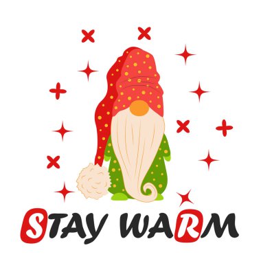 İçinde cüceler olan Noel kartı, düz tasarım. Kış tatili için kart. Noel ve Mutlu Yıllar illüstrasyonları.