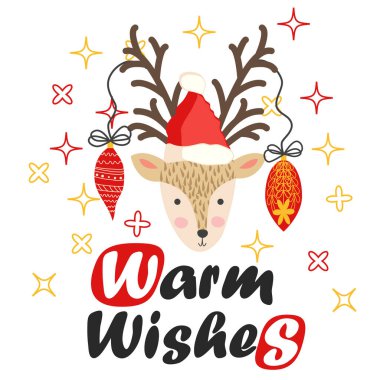 Boynuzlarında Noel topları olan geyik. İçinde geyik ve mektuplar olan bir Noel kartı. Tatlı kış posteri, Noel kartı, afiş, çıkartma, hediye etiketi.