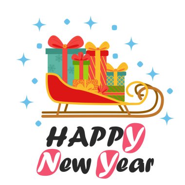 İçinde hediye kutuları, düz tasarım, kartpostal, hediye kartı olan bir Noel kızağı. Yeni yıl bayram şenlik kızağı.