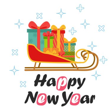 İçinde hediye kutuları, düz tasarım, kartpostal, hediye kartı olan bir Noel kızağı. Yeni yıl bayram şenlik kızağı.