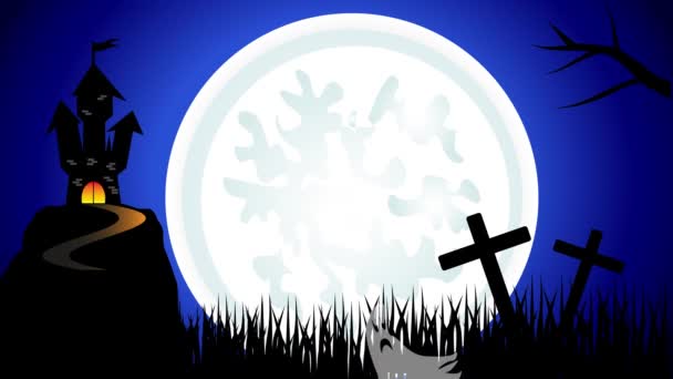 Хэллоуин жуткий темный фон. Ведьма, летающая над луной, и дом с привидениями — стоковое видео