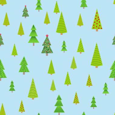 Noel ağaçlarının farklı boyutlarda ve ormanlarda kusursuz desenleri var. Noel ambalaj kağıdı.