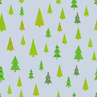 Noel ağaçlarının farklı boyutlarda ve ormanlarda kusursuz desenleri var. Noel ambalaj kağıdı.