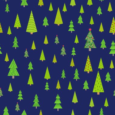 Noel ağaçlarının farklı boyutlarda ve ormanlarda kusursuz desenleri var. Noel ambalaj kağıdı.