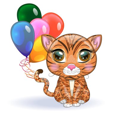 Çizgi film tarzında güzel gözleri olan Bengal kedisi, melez, çocuklar için renkli çizimler. Bengal kedisinin karakteristik benekleri ve renkleri