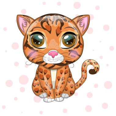 Çizgi film tarzında güzel gözleri olan Bengal kedisi, melez, çocuklar için renkli çizimler. Bengal kedisinin karakteristik benekleri ve renkleri