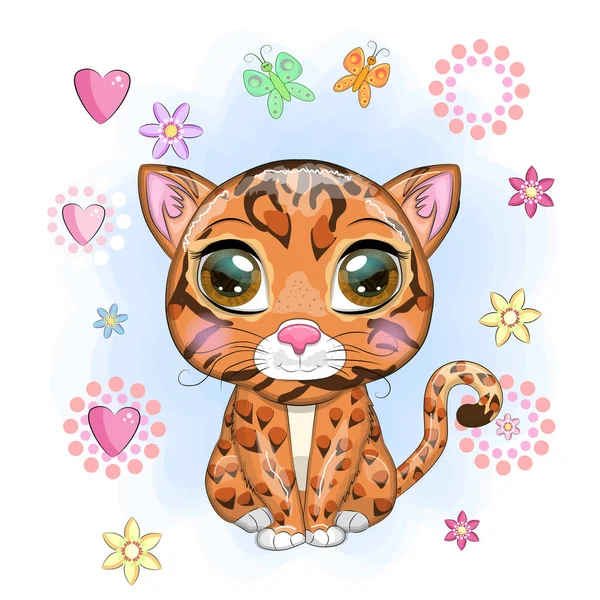 Gato Bengala Con Hermosos Ojos Estilo Dibujos Animados Híbrido Ilustración — Vector de stock