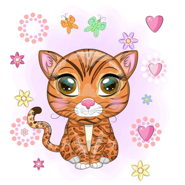 Bengalische Katze Mit Schönen Augen Cartoon Stil Hybrid Bunte Illustration — Stockvektor