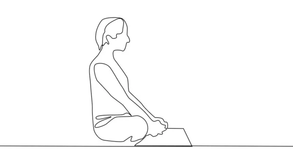 男人坐在莲花体位时练习瑜伽 连续线绘图 — 图库矢量图片