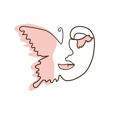 Kadınlar bir çizgi çizerek kelebek ile karşı karşıya gelir. Soyut asgari portre sürekli çizgi.