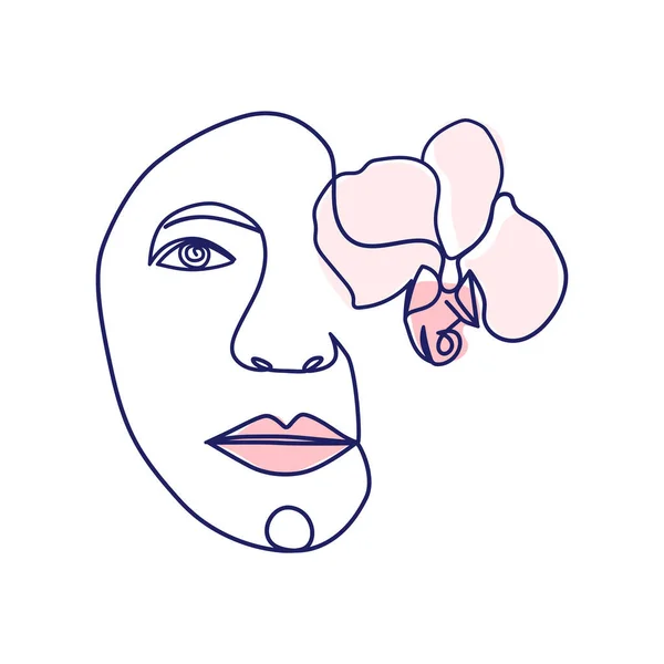 stock vector Beauty face with flowers line drawing art. Abstract minimal portrait continuous line. Woman with flower