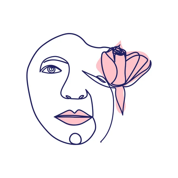 Szépség Arc Virágokkal Vonal Rajz Művészet Absztrakt Minimális Portré Folyamatos — Stock Vector