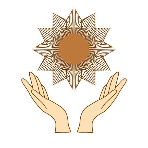 Mistyczny Rysunek Kobiece Dłonie Trzymają Słońce Krąg Fazy Księżyca Święta — Wektor stockowy