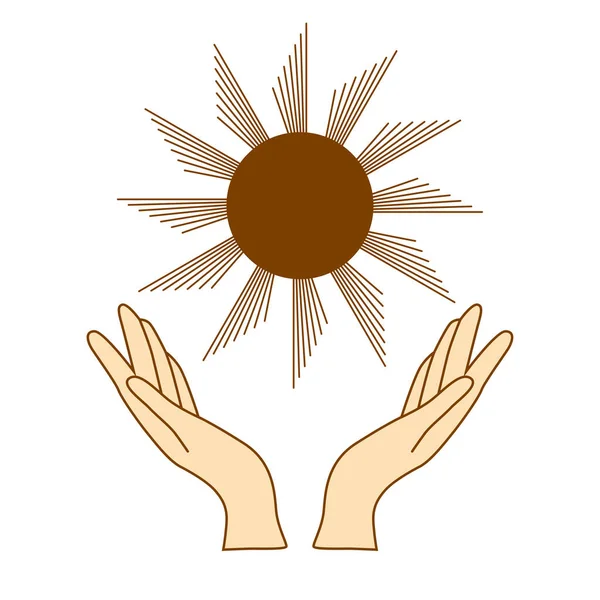 Мистический Рисунок Человеческие Руки Держат Солнце Круг Фазы Луны Сакральная — стоковый вектор
