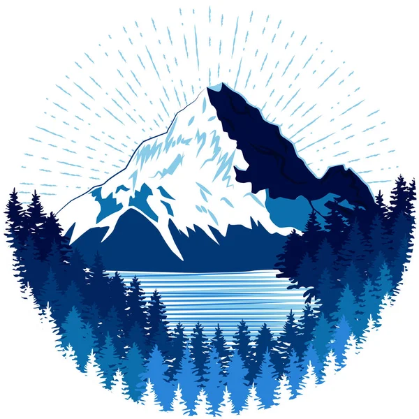 Montagne Texturée Bleu Ainsi Que Forêt Lac Concept Nature Logo — Image vectorielle