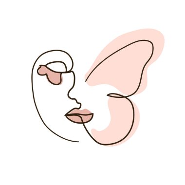 Kadınlar bir çizgi çizerek kelebek ile karşı karşıya gelir. Soyut asgari portre sürekli çizgi.