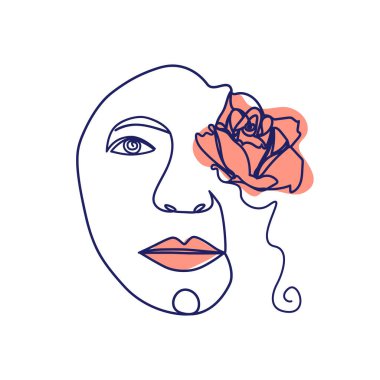 Çiçek çizgileri olan güzel bir yüz. Soyut minimal portre sürekli çizgi. Çiçekli kadın