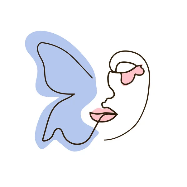 Les Femmes Font Face Avec Papillon Dessin Ligne Portrait Abstrait — Image vectorielle