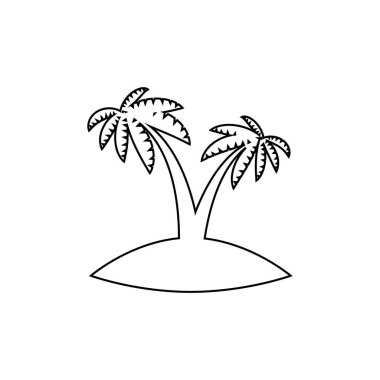 Bitkileri, palmiye ağaçları ve beyaz arka planda izole siyah siluetleri olan tropik deniz adası.