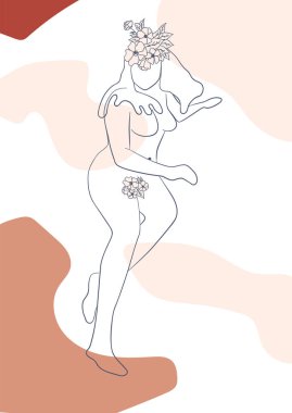 Kadın silueti, kadın vücudu, vücut pozitifliği, çiçekli kozmetik konsept, moda bej, şablon.