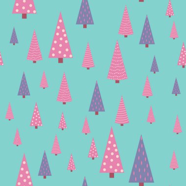 Mor desenli Noel ağaçları, gri, mavi ve turkuazda pastel pembe renkler. Modern ve orijinal tatil tekstili, hediye ambalajı, duvar süslemesi.