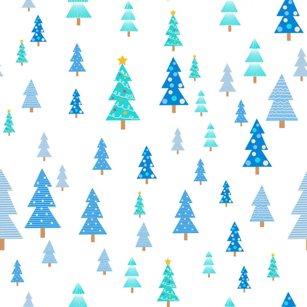 Blue Christmas Tree Seamless Pattern Winter Forest Pine Trees Snowflakes — Stock Vector