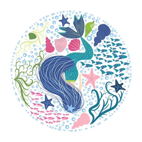Karikatur Schöne Meerjungfrau Mit Sich Entwickelnden Haaren Einem Kreis Von — Stockvektor
