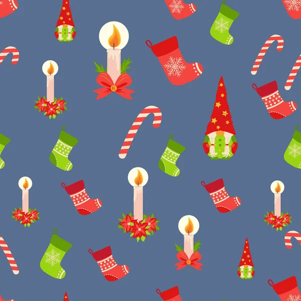 无缝隙的圣诞图案与侏儒 糖果手杖 包装纸 装饰品 — 图库矢量图片