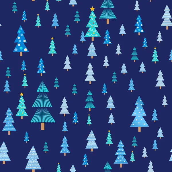 青いクリスマスツリーのシームレスなパターン 冬の森 松の木や雪の結晶 新年のパターンを祝う クリスマスパターン — ストックベクタ