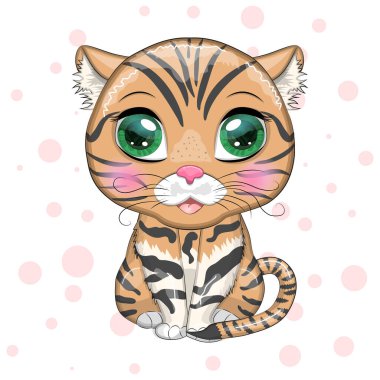 Black footed cat with beautiful eyes in cartoon style, colorful illustration for children. Felis nigripes cat with characteristic spots and colors clipart