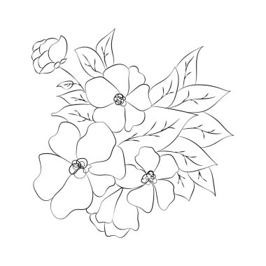 Yaz bahçesi çiçek açan tek renkli illüstrasyon, çizim, el çizimi.