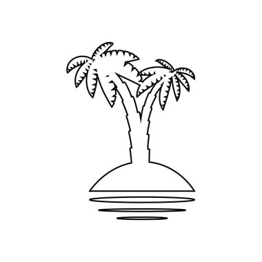 Bitkileri, palmiye ağaçları ve beyaz arka planda izole siyah siluetleri olan tropik deniz adası.