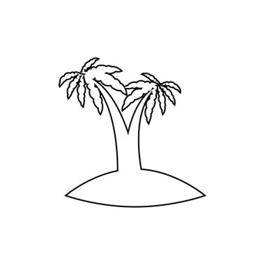 Bitkileri, palmiye ağaçları ve beyaz arka planda izole siyah siluetleri olan tropik deniz adası.