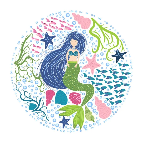 Dibujos Animados Hermosa Sirena Con Desarrollo Del Cabello Círculo Conchas — Vector de stock