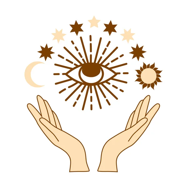 Ilustracja Mistycznych Rąk Bogini Złe Oko Niebiańskie Symbole Fazy Księżyca — Wektor stockowy