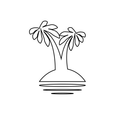 Bitkileri, palmiye ağaçları ve beyaz arka planda izole siyah siluetleri olan tropik deniz adası.