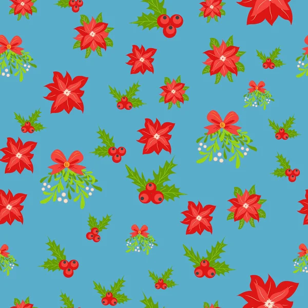 Nahtloses Muster Mit Handgezeichneten Weihnachtssternen Und Floralen Zweigen Und Beeren — Stockvektor
