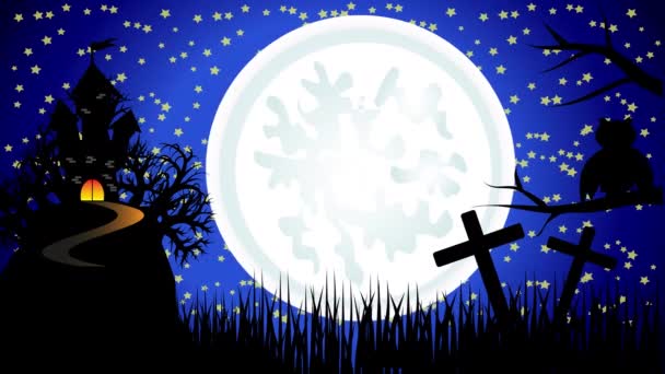 Halloween espeluznante oscuro fondo bruja volando sobre la luna y casa embrujada con fantasmas — Vídeos de Stock