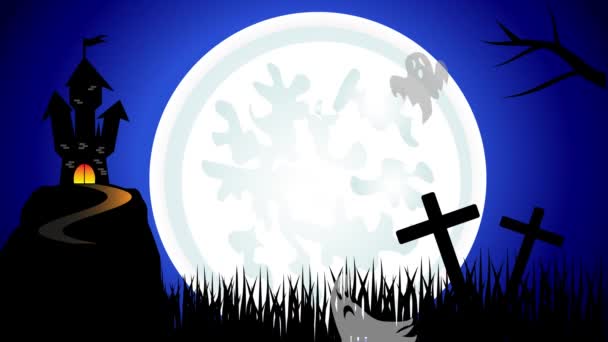 Gruseliger dunkler Hintergrund zu Halloween. Hexe fliegt über den Mond und Geisterhaus mit Geistern — Stockvideo