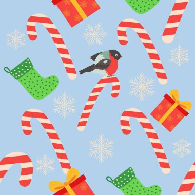 Noel desensiz şeker kamışı, hediye, çorap, ispinoz kuşu. Noel ambalaj kağıdı.