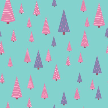 Mor desenli Noel ağaçları, gri, mavi ve turkuazda pastel pembe renkler. Modern ve orijinal tatil tekstili, hediye ambalajı, duvar süslemesi.