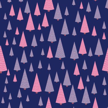 Mor desenli Noel ağaçları, gri, mavi ve turkuazda pastel pembe renkler. Modern ve orijinal tatil tekstili, hediye ambalajı, duvar süslemesi.