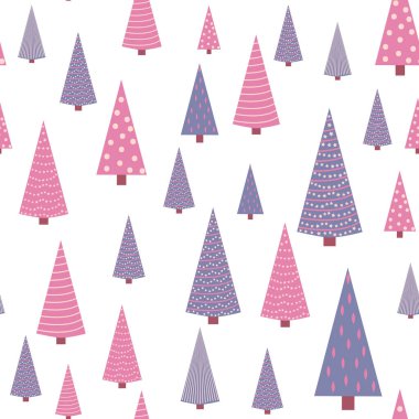 Mor desenli Noel ağaçları, gri, mavi ve turkuazda pastel pembe renkler. Modern ve orijinal tatil tekstili, hediye ambalajı, duvar süslemesi.