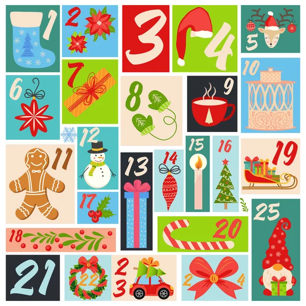 Kalendarz Odliczania Bożego Narodzenia Postaciami Kreskówek Symbolami Ptaki Gnome Santa — Wektor stockowy