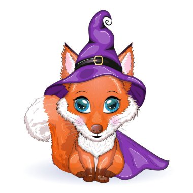 Mor cadı şapkası ve pelerinli çizgi film tilkisi. Cadılar Bayramı posteri